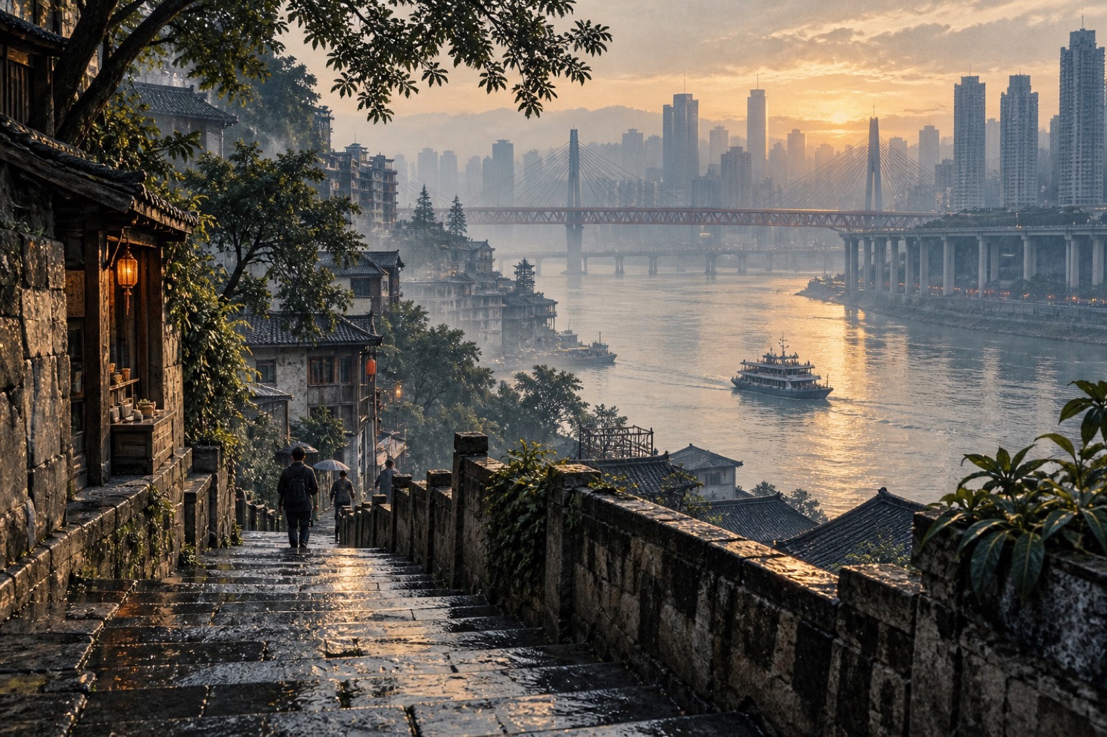 Stone steps leading down through Chongqing toward the river at sunrise
