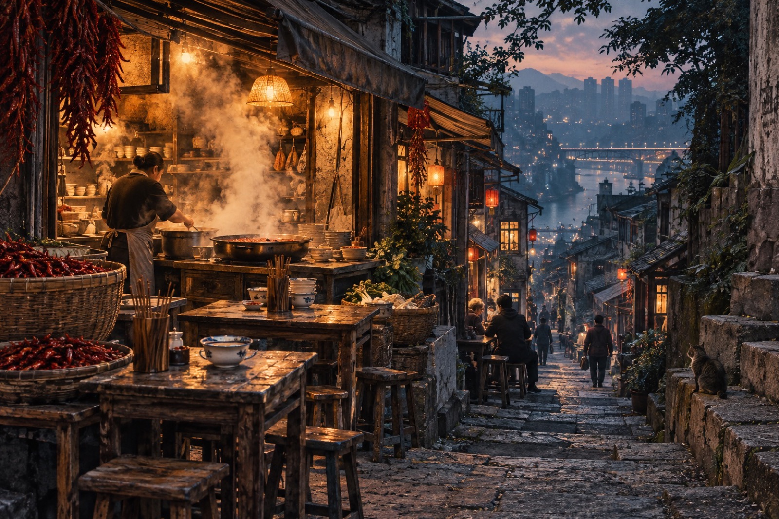 Steaming food stall in a steep Chongqing neighbourhood lane at dusk