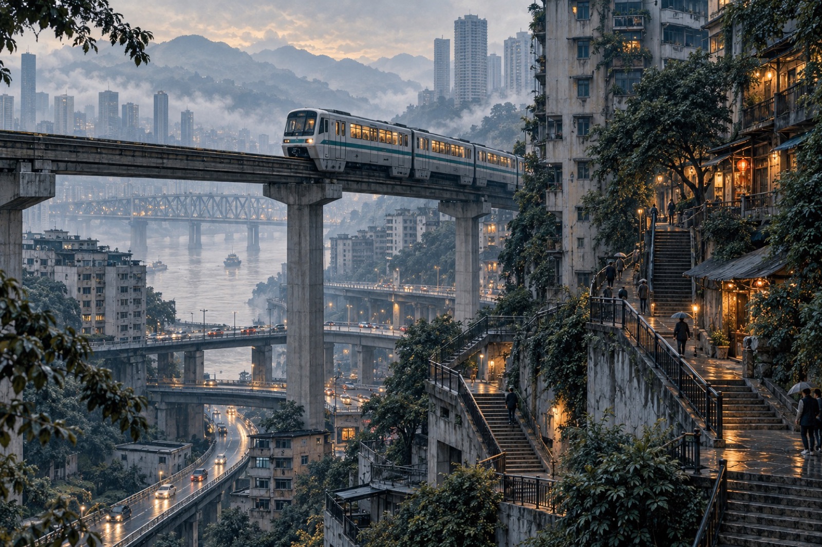 Monorail, layered roads and hillside stairs in misty Chongqing