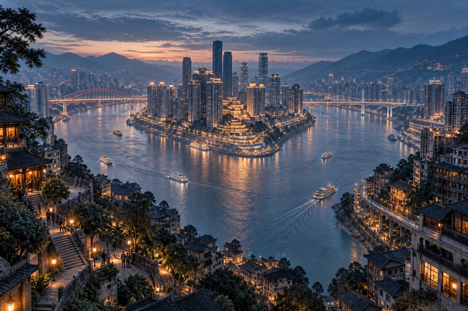 Chaotianmen river confluence and layered hillside neighbourhoods at blue hour