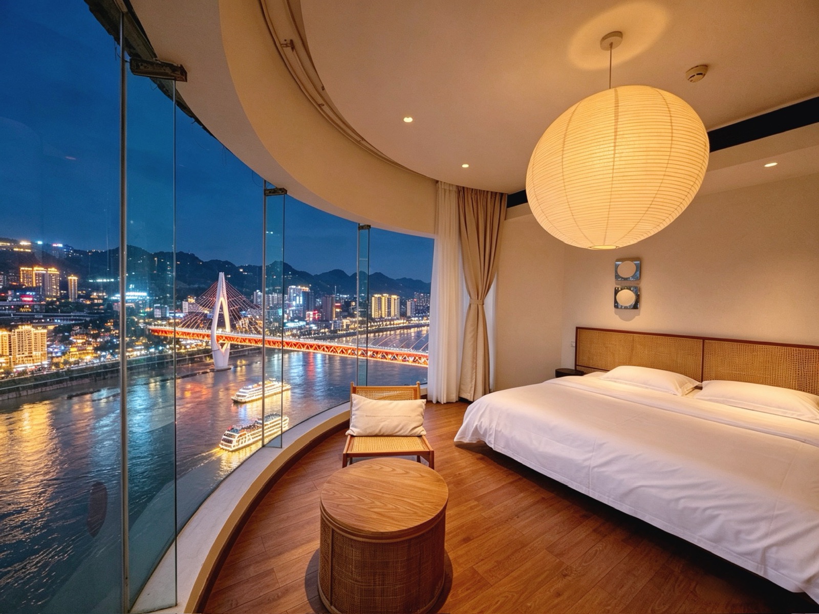 Jiangshui panoramic river-view suite at blue hour