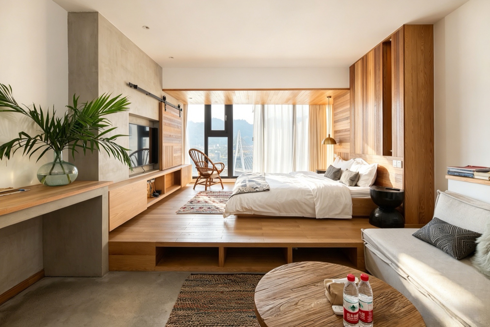 Liunian superior river-view king room in warm wood tones