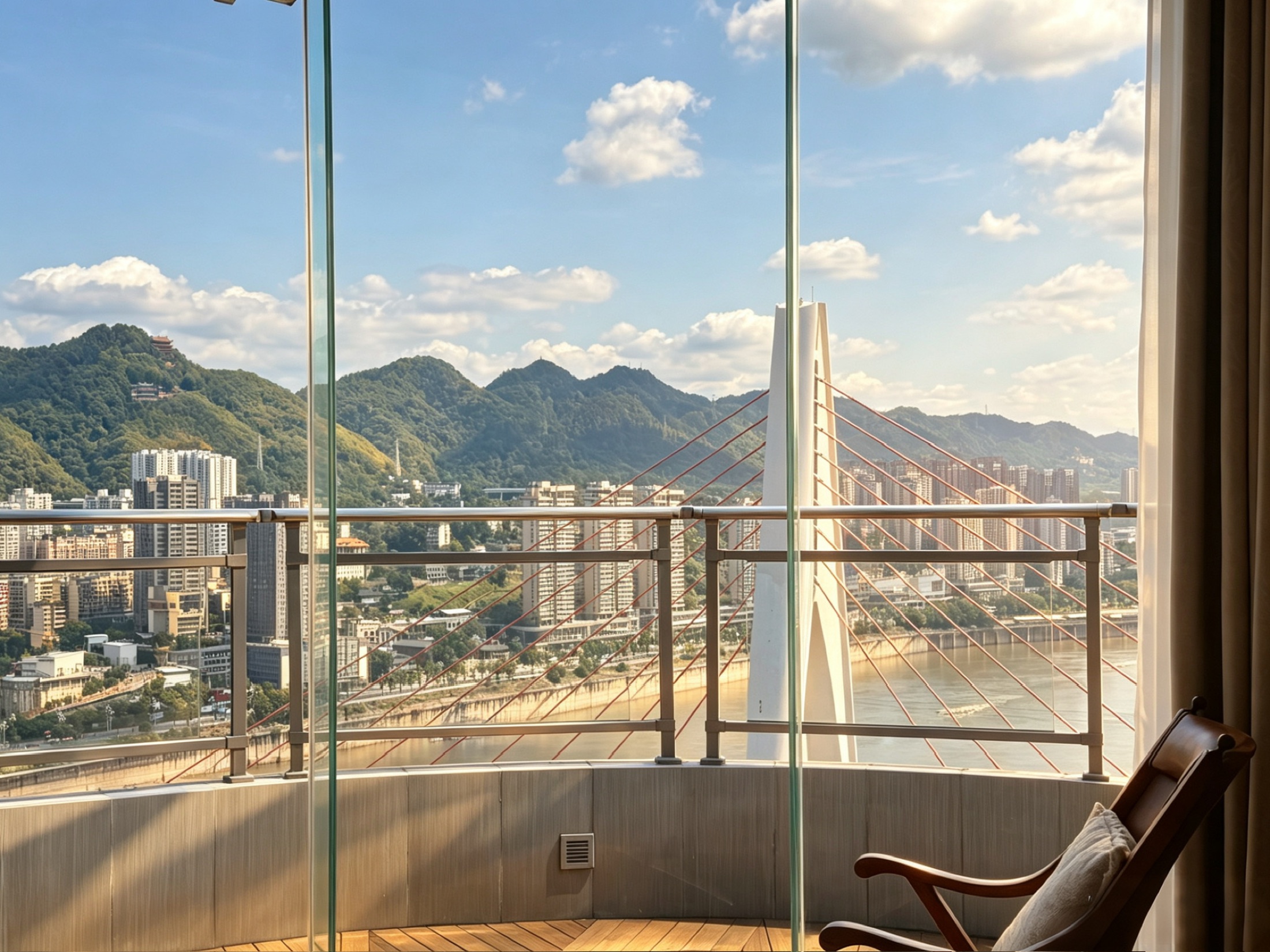 Daylight view from a room across the Yangtze toward Dongshuimen Bridge and Nanshan
